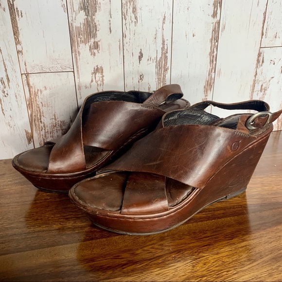 Born Shoes - BORN Leather Rich Brown Wedge Sandals Sz 8 EU 39.